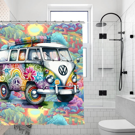 Hippie Bus, Waterproof Polyester Shower Curtain – Made in the USA – 70.8x70.8”