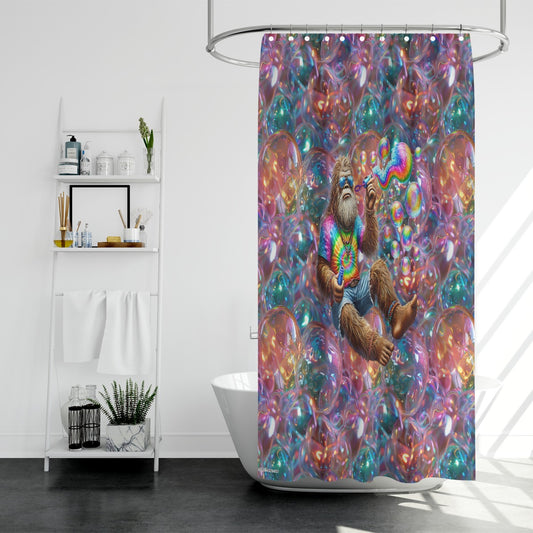 Bigfoot / Sasquatch Blowing Bubbles, Polyester Shower Curtain in 4 sizes
