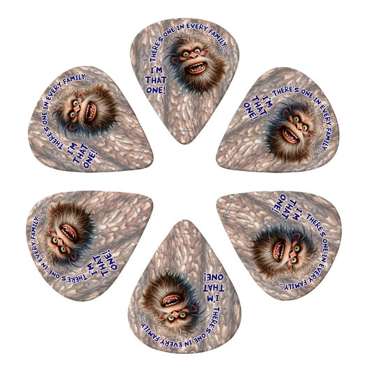 6 Guitar Picks with Keychain Snap Pick Wallet- Sasquatch Bigfoot "There's on in.." – 3 Thicknesses