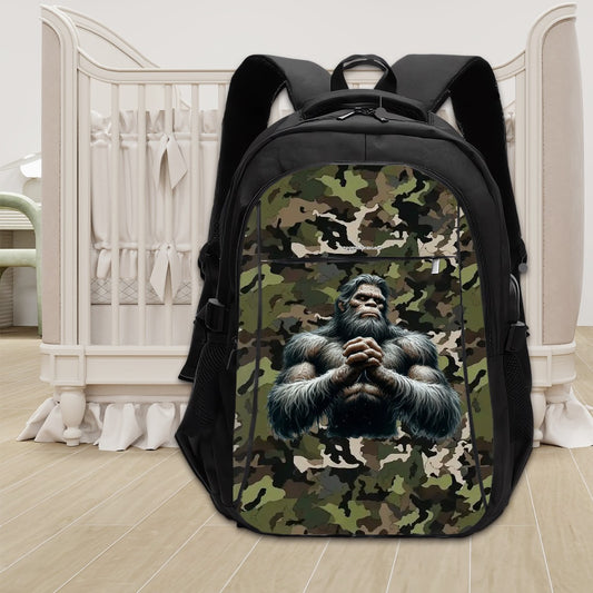 Bigfoot / Sasquatch on Camo, Large Capacity, Oxford Travel, Laptop Bag with USB Charger