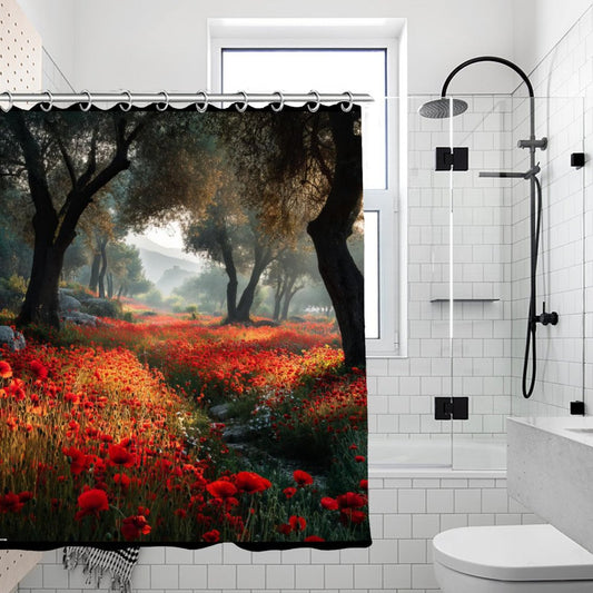 Poppies in Forest Waterproof Polyester Shower Curtain – Made in the USA – 70.8x70.8”