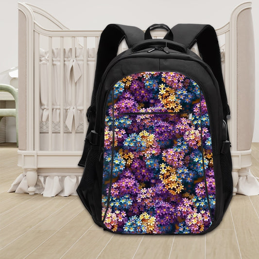 10 Flower Designs, Large Capacity, Oxford Travel, Laptop Bag with USB Charger