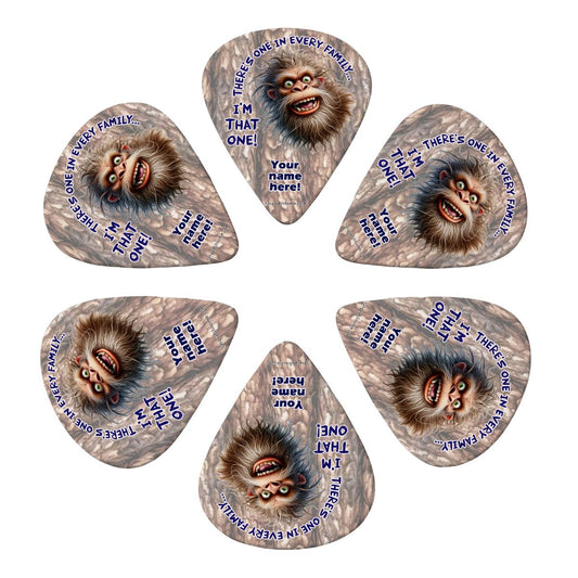 6 Guitar Picks with Keychain Snap Pick Wallet- Bigfoot Sasquatch, "There's One" – 3 Thicknesses