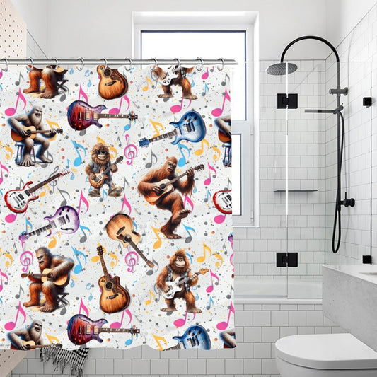 Bigfoot Sasquatch Playing Guitars, Waterproof Polyester Shower Curtain – Made in the USA – 70.8x70.8”