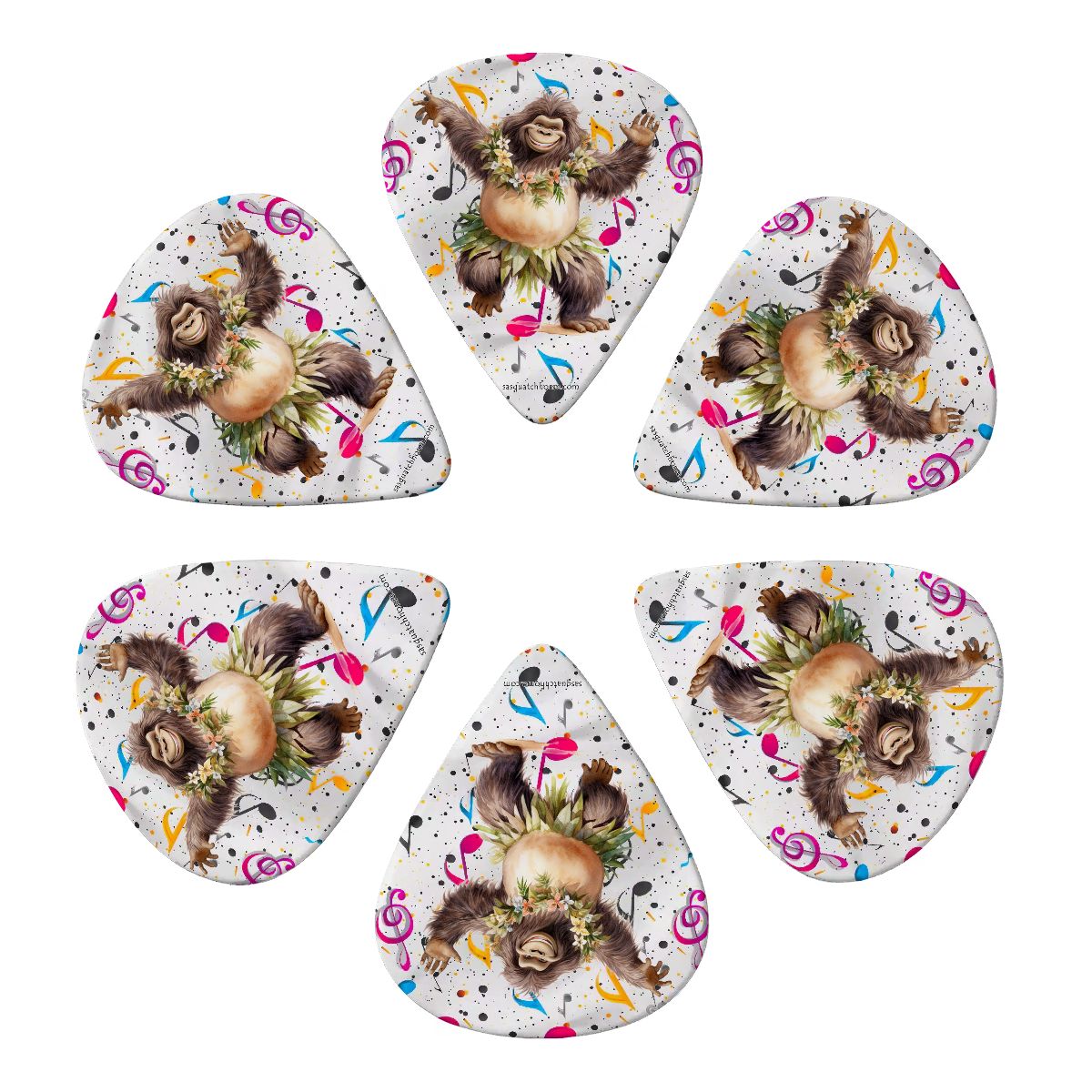 6 Guitar Picks with Keychain Snap Case- Sasquatch Bigfoot Dancing – 3 Thicknesses