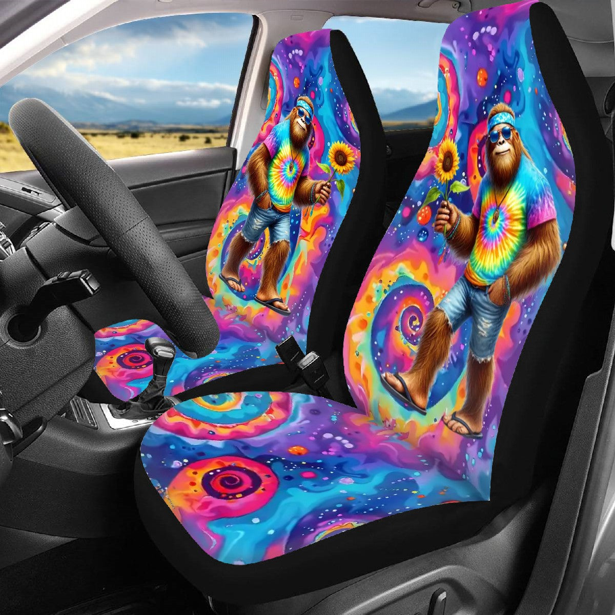 Hippie Sasquatch / Bigfoot, Car Seat Covers, Full 3 Piece Set