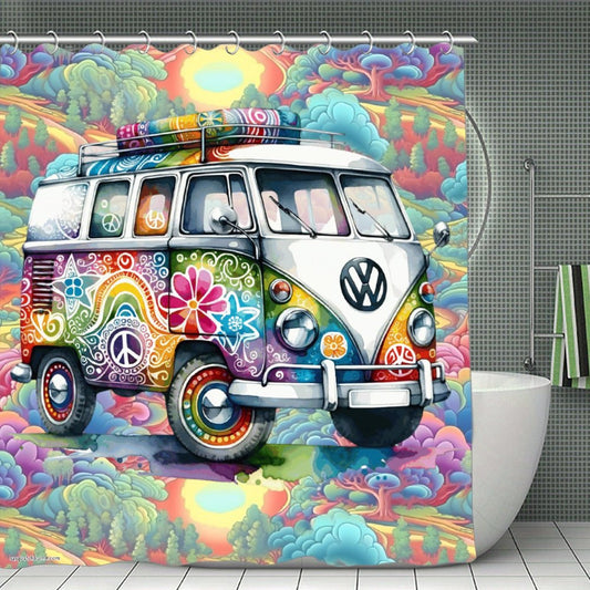 Hippie Bus, Waterproof Polyester Shower Curtain – Made in the USA – 70.8x70.8”