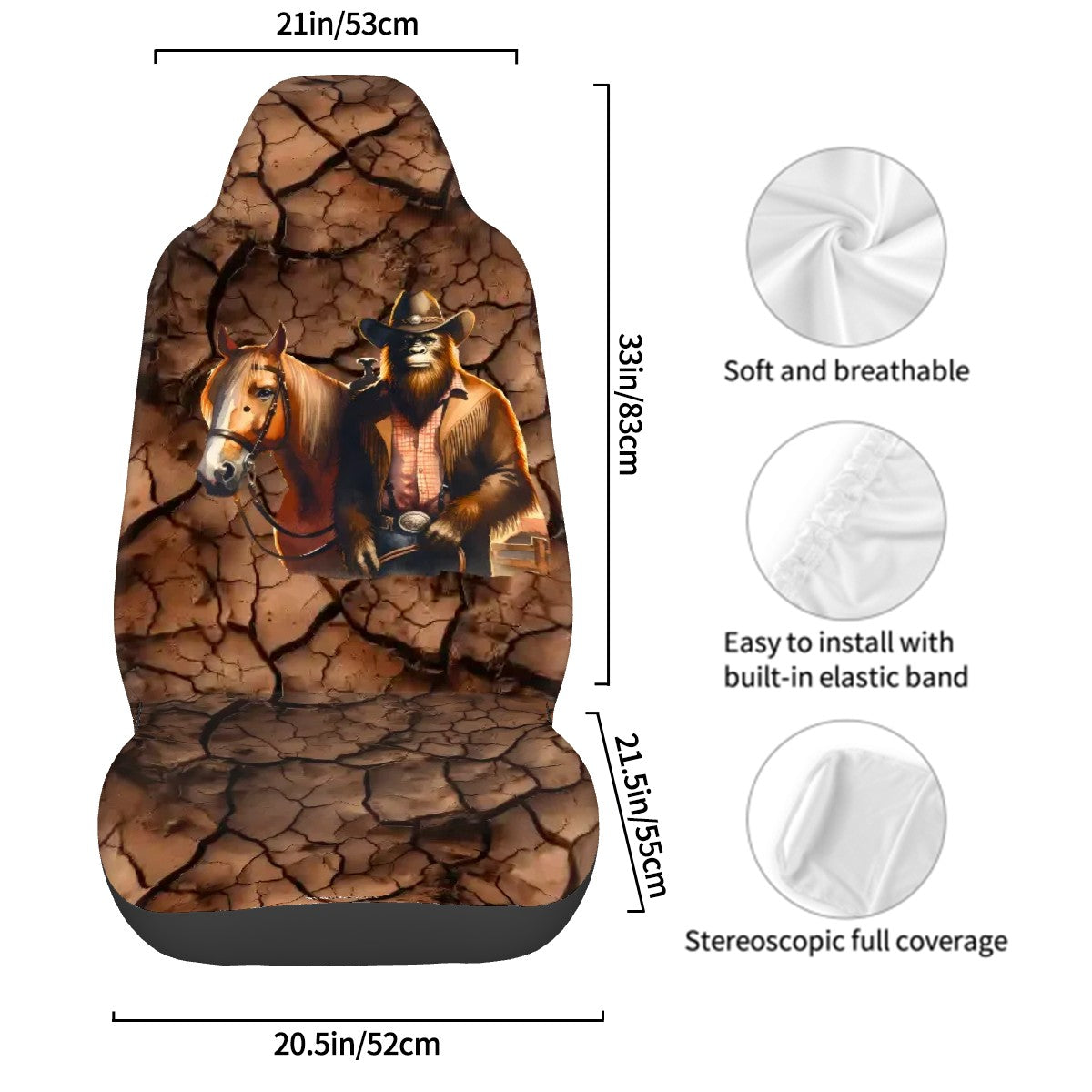 Cowboy Bigfoot / Sasquatch, Set of 2 Front Auto Seat Covers