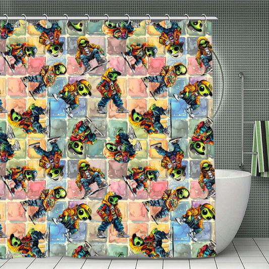 6 Alien Designs, Waterproof Polyester Shower Curtain – Made in the USA – 70.8x70.8”