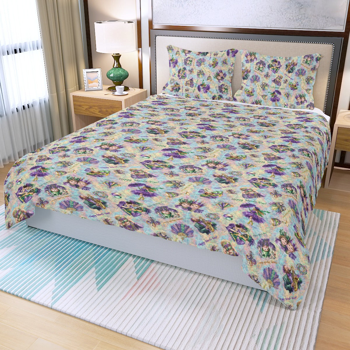 Mardi Gras Designed Three Piece Duvet Bedding Set