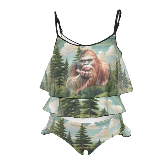 Bigfoot, Sasquatch Blow Kiss, Children's 2 piece Ruffle Swimsuit, Girl's Bikini