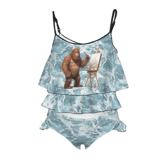 Children's 2 piece Ruffle Swimsuit, Girl's Bikini- Bigfoot, Sasquatch Painting
