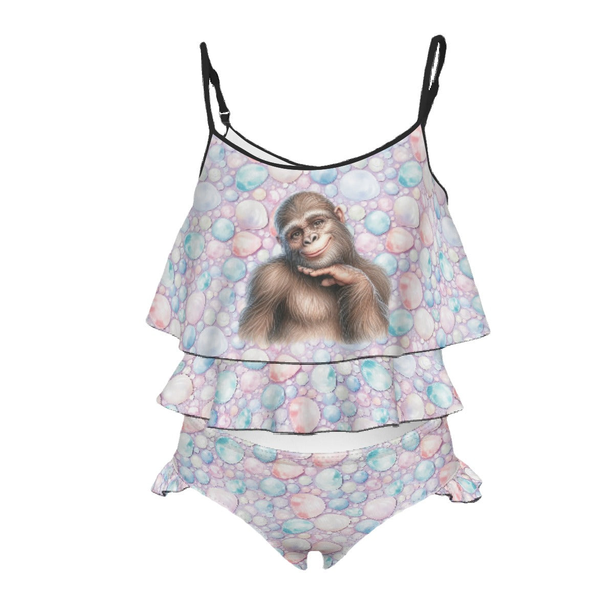 Children's 2 piece Ruffle Swimsuit, Girl's Bikini -  Bubbles Bigfoot / Sasquatch