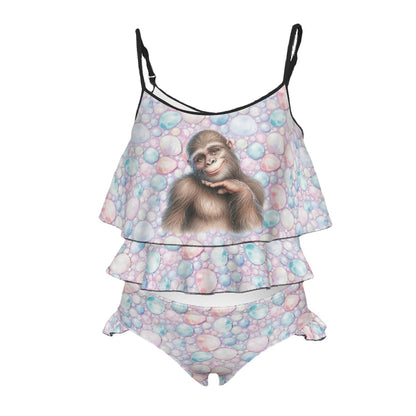 Children's 2 piece Ruffle Swimsuit, Girl's Bikini -  Bubbles Bigfoot / Sasquatch