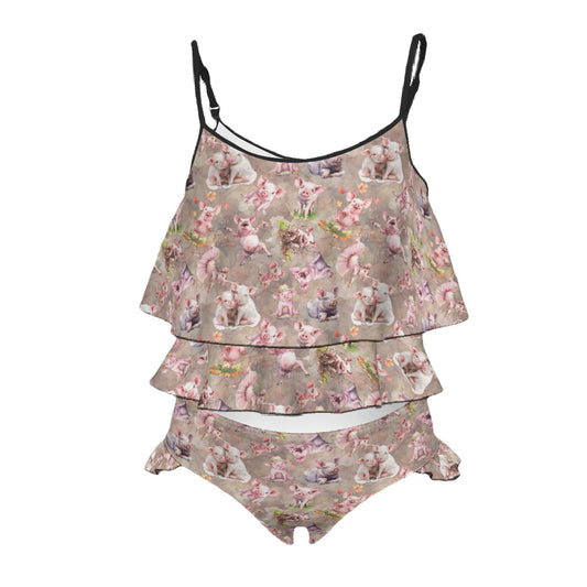 10 Animal Designs, Children's 2 piece Ruffle Swimsuit, Girl's Bikini -