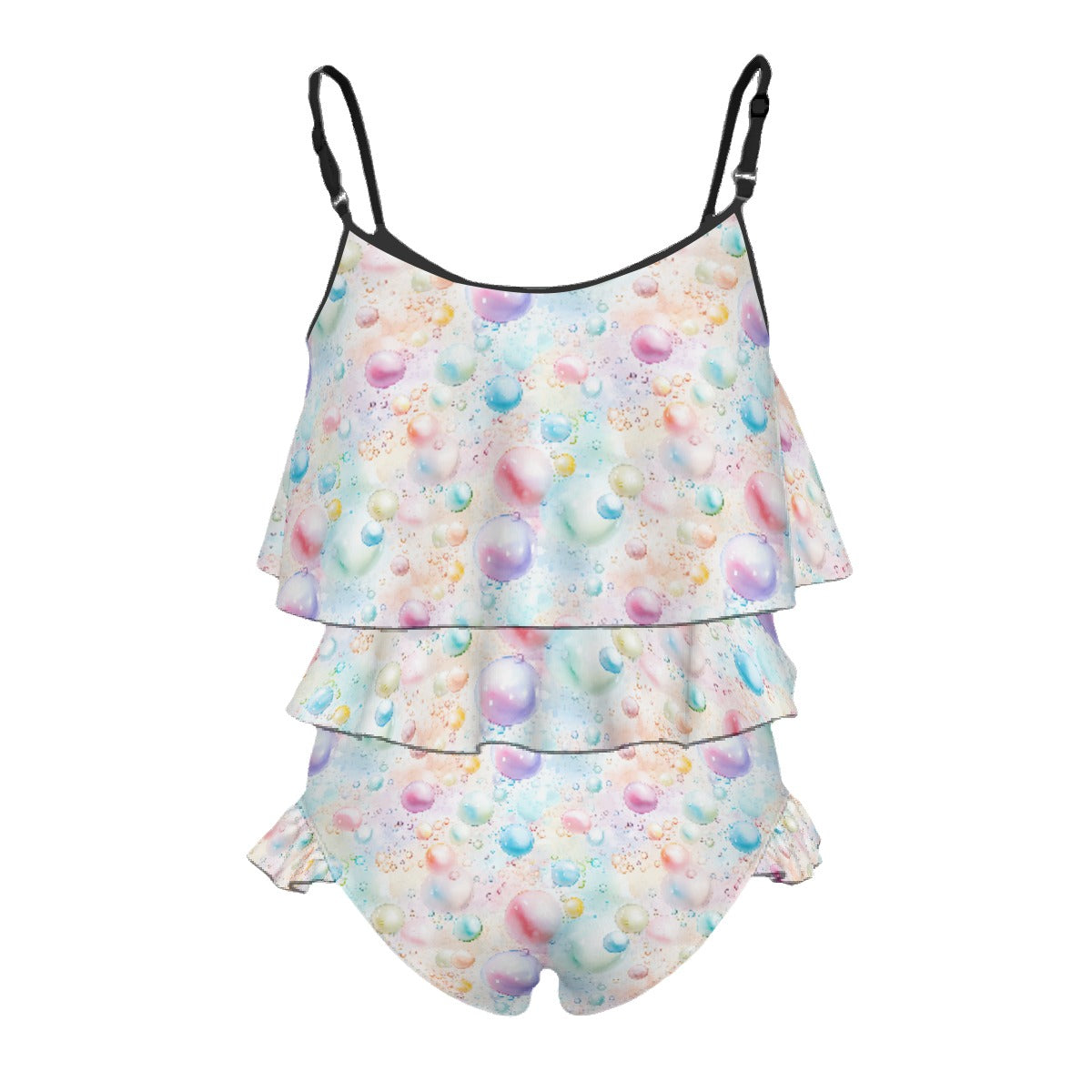 Children's 2 piece Ruffle Swimsuit, Girl's Bikini - Bigfoot, Sasquatch, Dancing bubbles