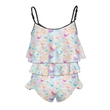 Children's 2 piece Ruffle Swimsuit, Girl's Bikini - Bigfoot, Sasquatch, Dancing bubbles