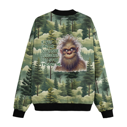 Bigfoot, Sasquatch in Woods "if you find me offensive..", Polyester Fleece Bomber Jacket / Zipper Closure
