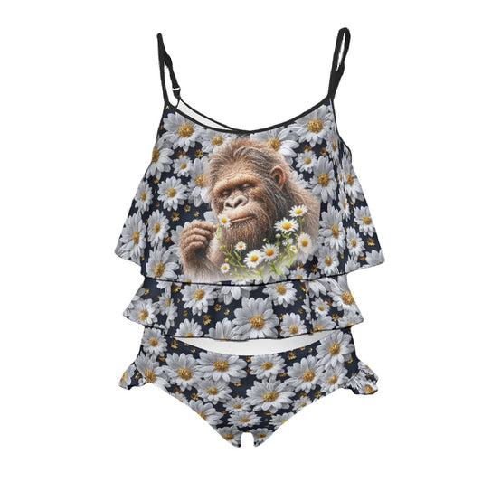 Bigfooot, Sasquatch Daisies, Children's 2 piece Ruffle Swimsuit, Girl's Bikini