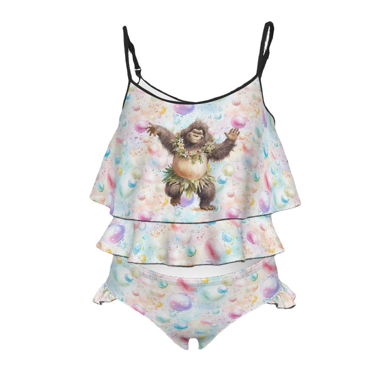 Children's 2 piece Ruffle Swimsuit, Girl's Bikini - Bigfoot, Sasquatch, Dancing bubbles