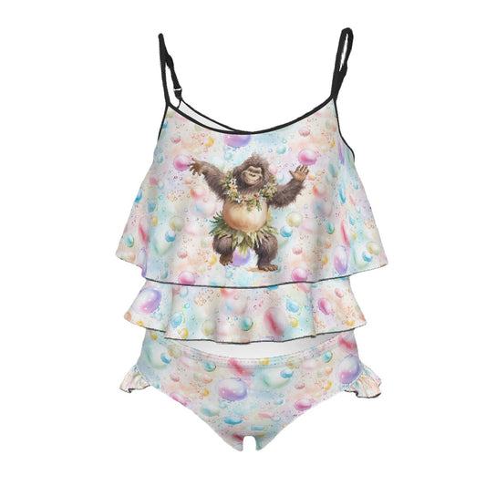 Children's 2 piece Ruffle Swimsuit, Girl's Bikini - Bigfoot, Sasquatch, Dancing bubbles