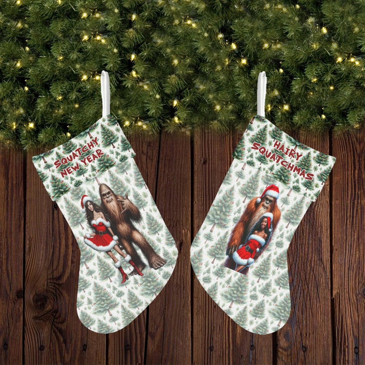Santa Sasquatch with Sexy Gals, Polyester Christmas Stocking