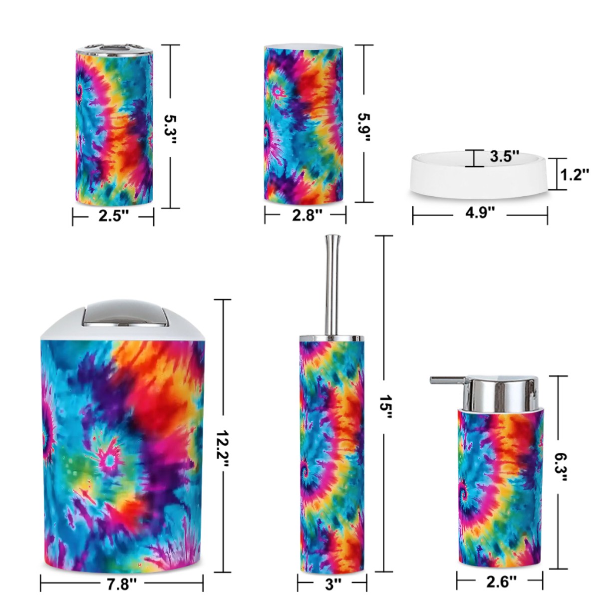 19 Tie Dye Designs,  5 pcs Bathroom Accessories Set