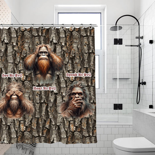Bigfoot Sasquatch "See no evil..", Waterproof Polyester Shower Curtain – Made in the USA – 70.8x70.8”
