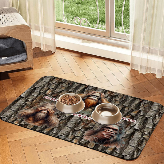 Bigfoot / Sasquatch, "See no evil..", Waterproof Pet Food Mat