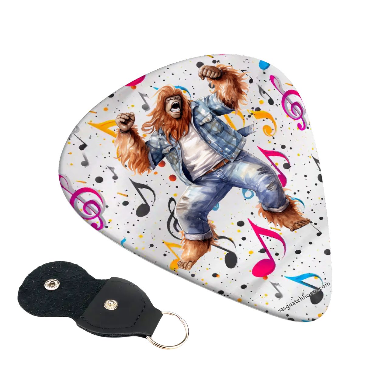 6 Guitar Picks with Keychain Snap Case- Dancing Sasquatch Bigfoot – 3 Thicknesses