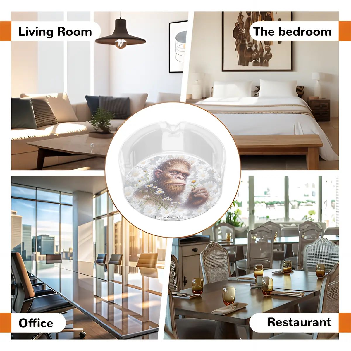 3 .3" Round, Lead Free Glass Ashtray - Sasquatch, Bigfoot, Daisies