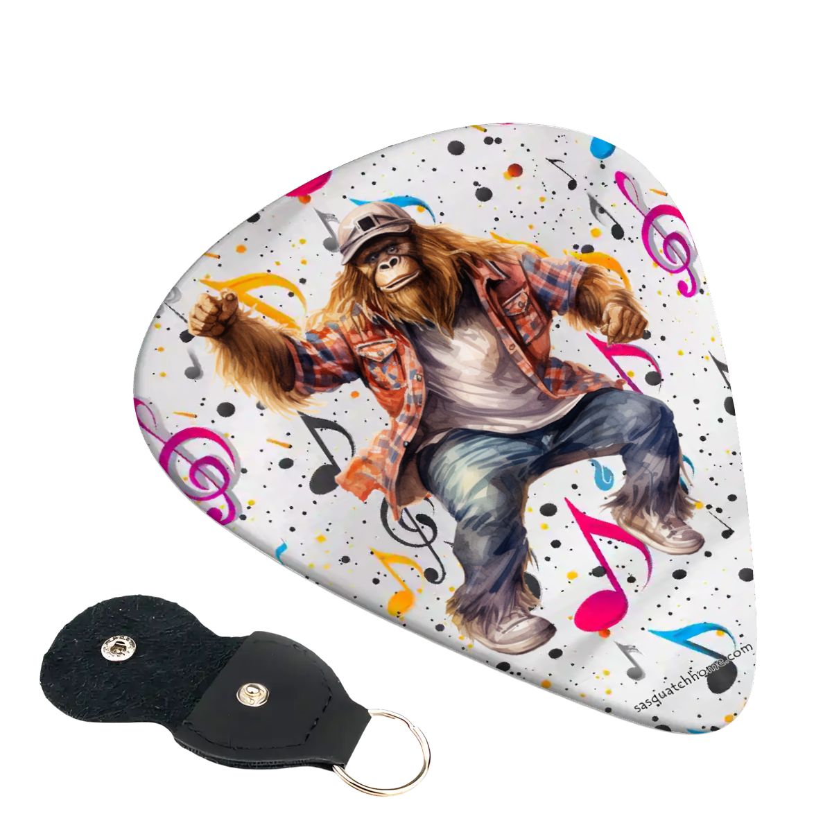 6 Guitar Picks with Keychain Snap Case- Dancing Sasquatch Bigfoot – 3 Thicknesses