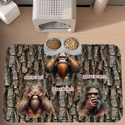 Bigfoot / Sasquatch, "See no evil..", Waterproof Pet Food Mat
