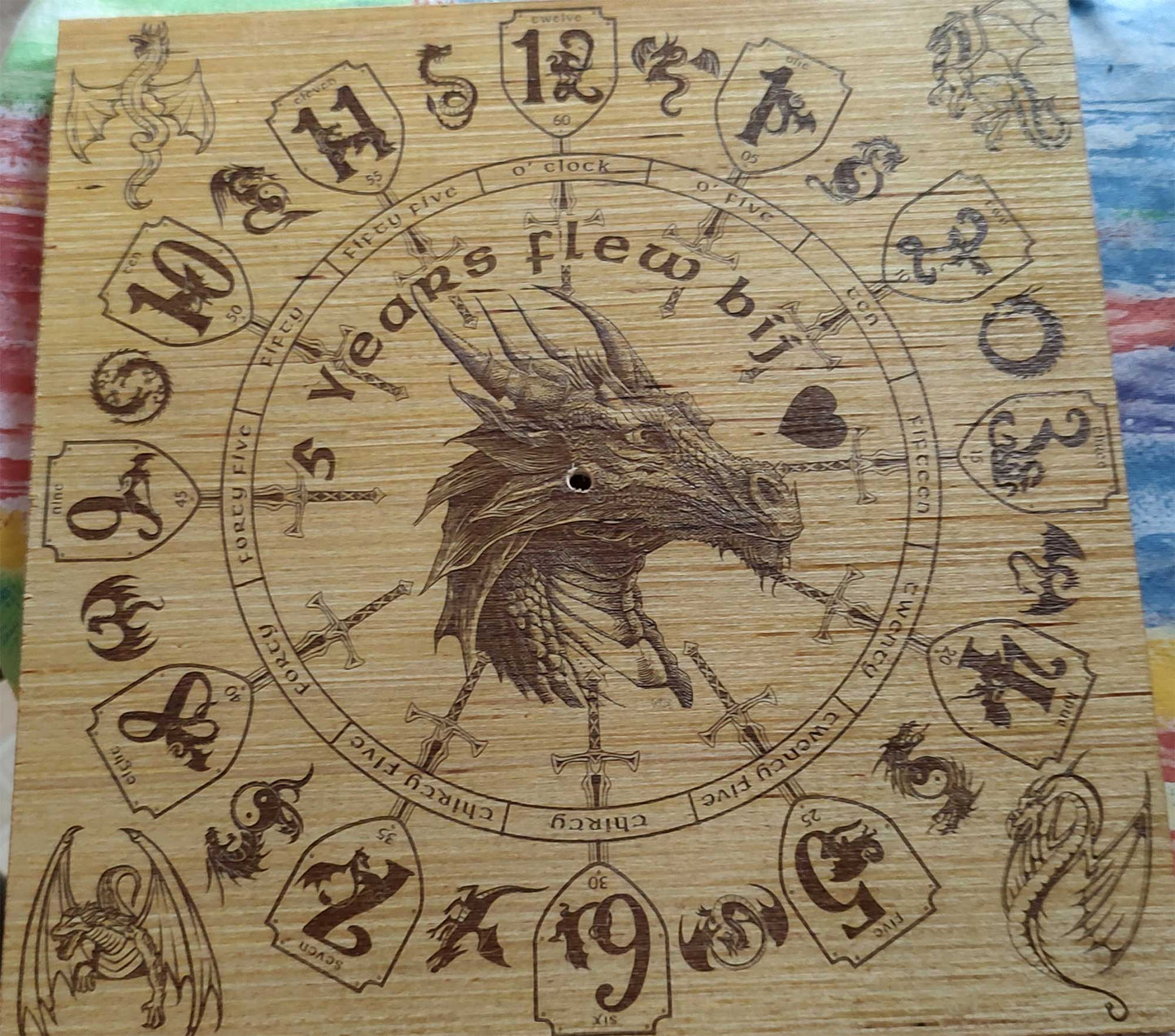 Hand Made Wood, Laser Etched Dragon Clock, 12" x 12"