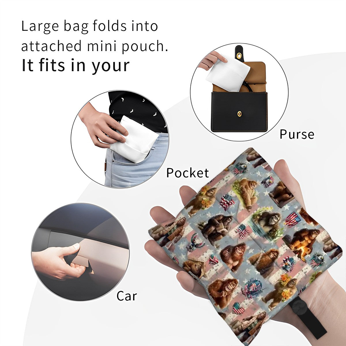 19 Bigfoot / Sasquatch Designs, Reusable, Folding Grocery Bags -