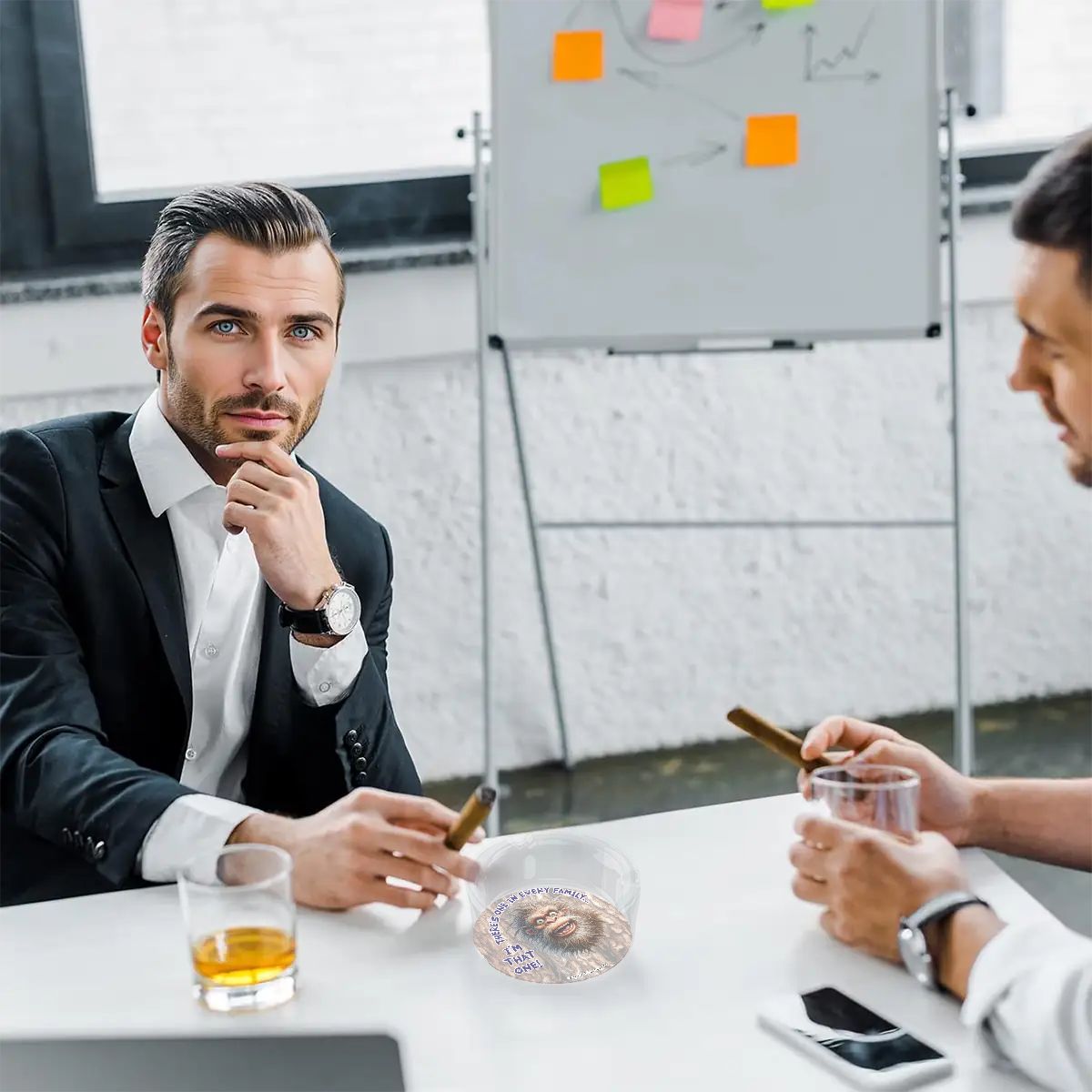 3 .3" Round, Lead Free Glass Ashtray - Bigfoot, Sasquatch "There's One In Every Family"