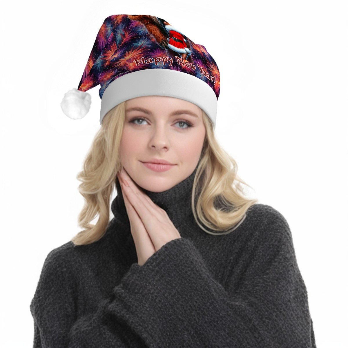 Sasquatch Bigfoot w Sexy gal, Adult Plush Santa Hat with Light