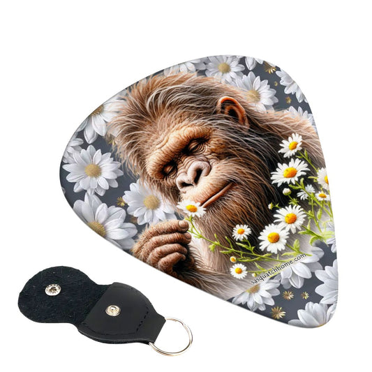6 Guitar Picks with Keychain Snap Pick Wallet- Daisies Bigfoot Sasquatch  – 3 Thicknesses