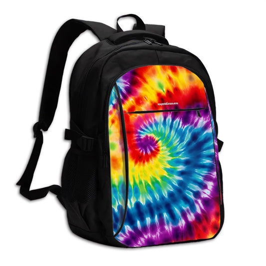 19 Tie Dye Designs, Large Capacity, Oxford Travel, Laptop Bag with USB Charger