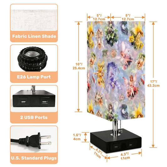 6 Fairy Designs, Square Table Lamp with USB Ports, Charger