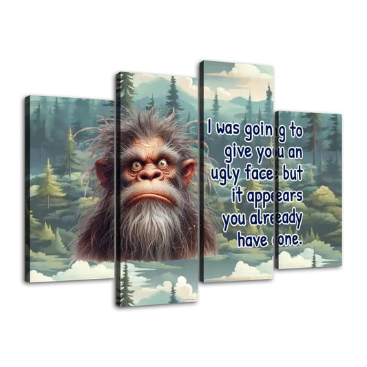Sarcastic Sasquatch "ugly face", 4 Panels Canvas Prints Wall Art -  Set C
