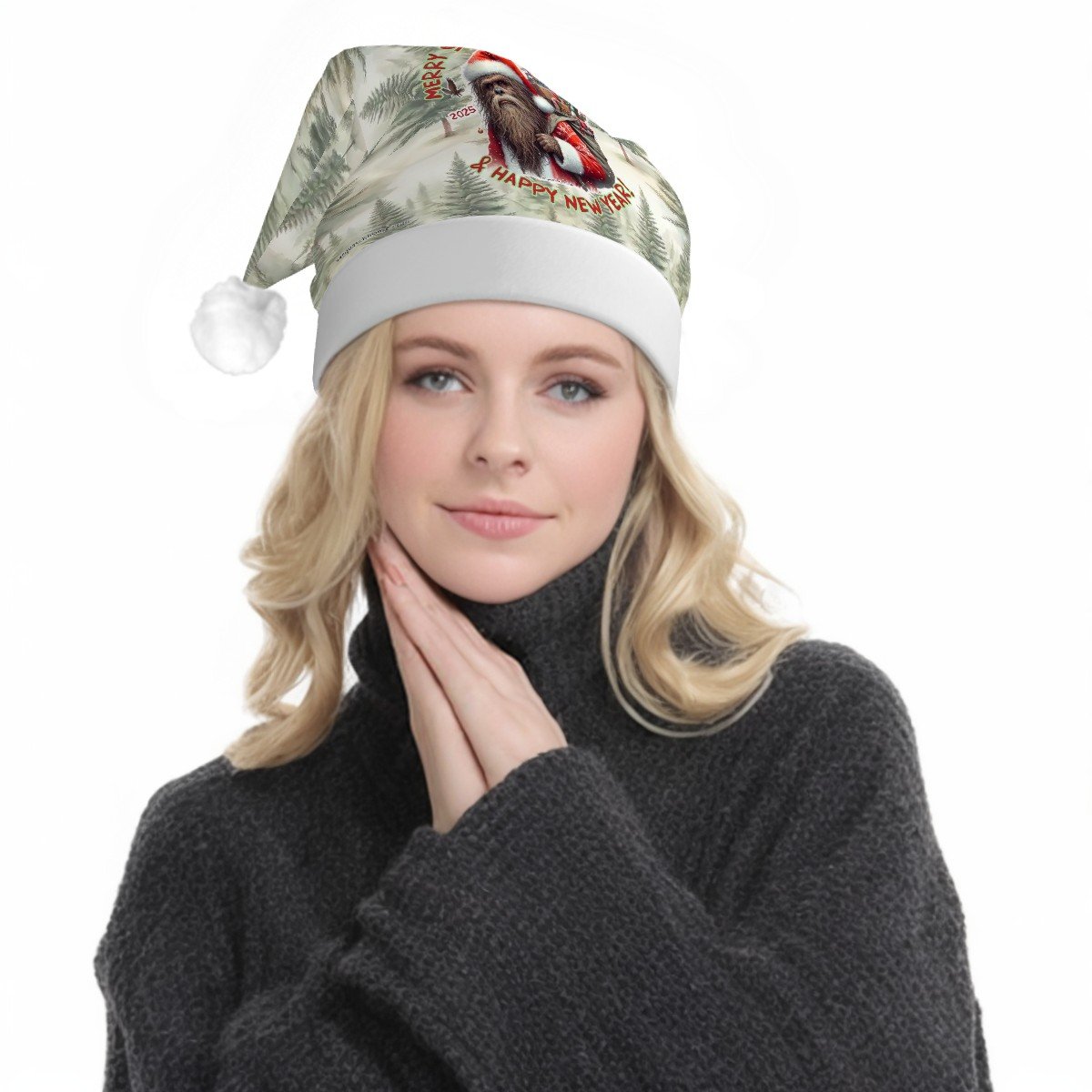 Sasquatch Bigfoot "Merry Squatchmas", Adult Plush Santa Hat with Light