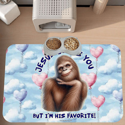Bigfoot / Sasquatch, "Jesus Loves You...", Waterproof Pet Food Mat