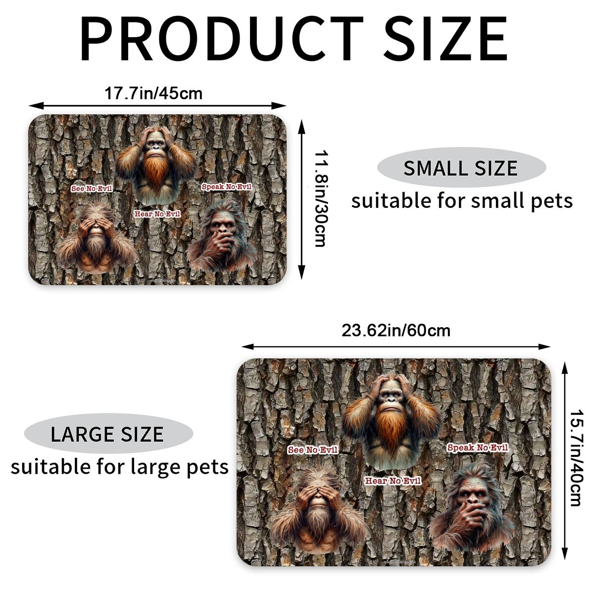 Bigfoot / Sasquatch, "See no evil..", Waterproof Pet Food Mat