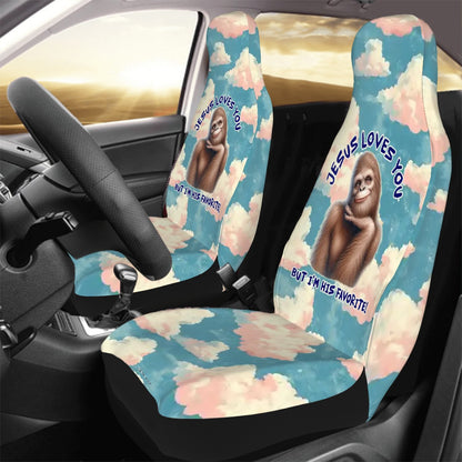 Bigfoot / Sasquatch "Jesus Loves you..", Set of 2 Front Auto Seat Cover