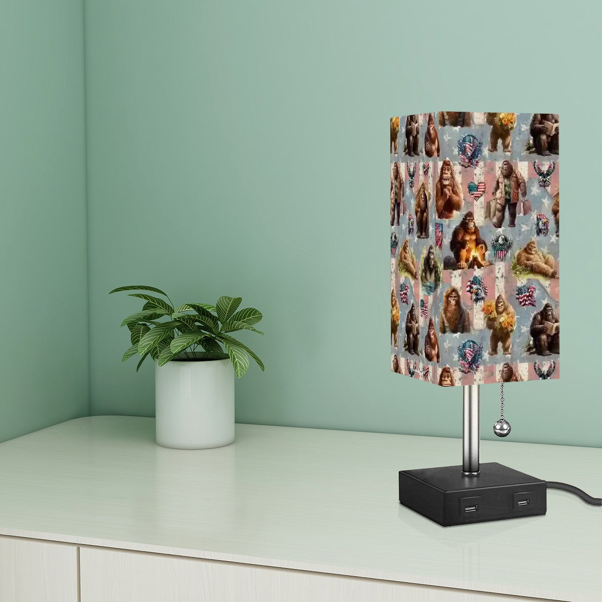 20 Bigfoot / Sasquatch Designs, Square Table Lamp with USB Ports, Charger