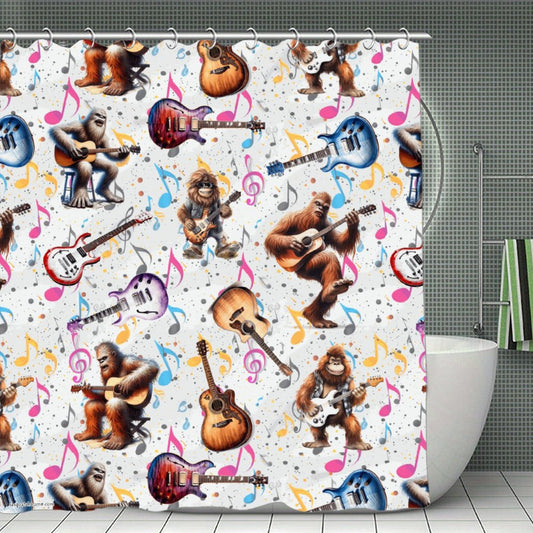 Bigfoot Sasquatch Playing Guitars, Waterproof Polyester Shower Curtain – Made in the USA – 70.8x70.8”