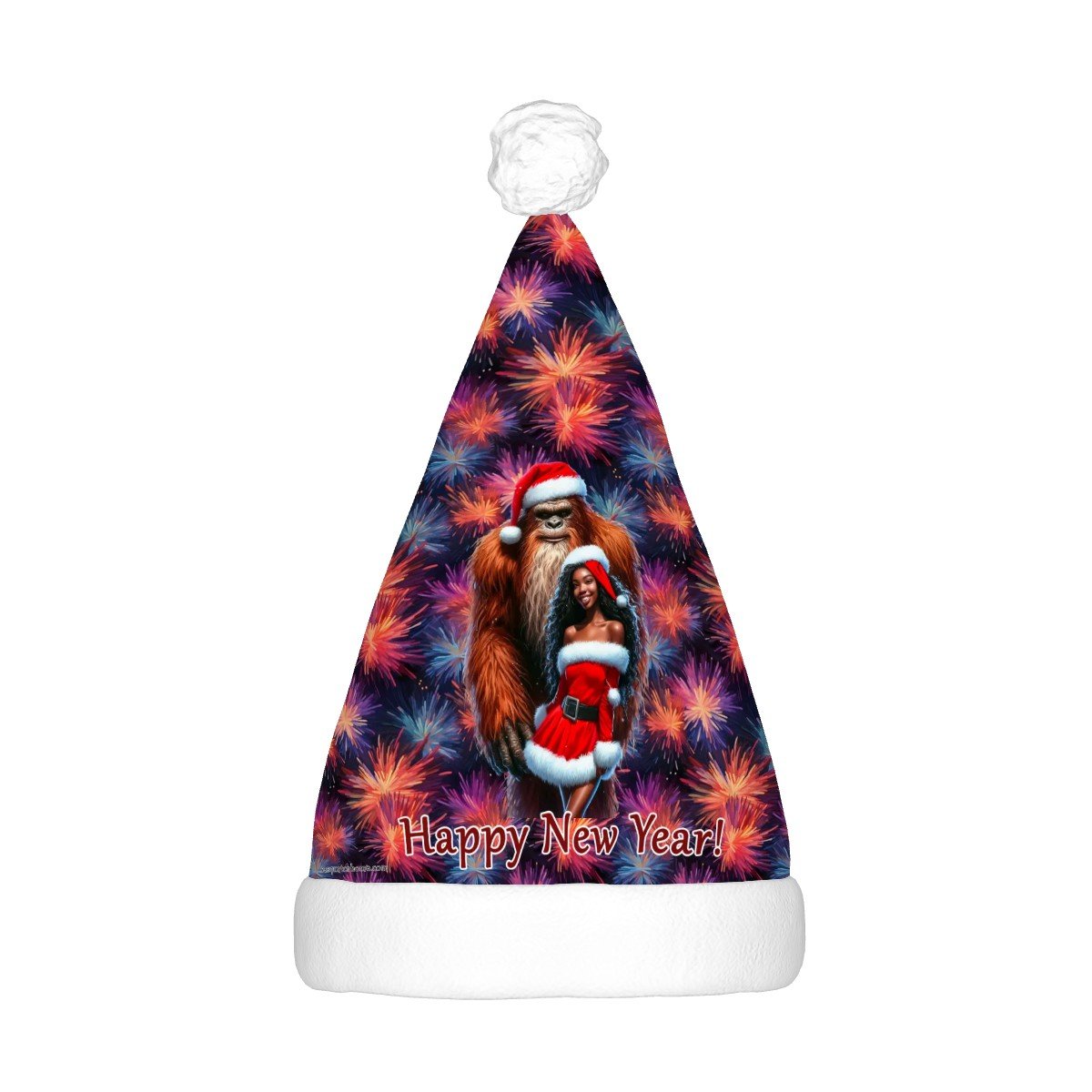 Sasquatch Bigfoot w Sexy gal, Adult Plush Santa Hat with Light