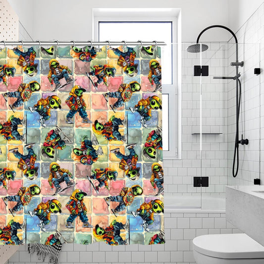 6 Alien Designs, Waterproof Polyester Shower Curtain – Made in the USA – 70.8x70.8”