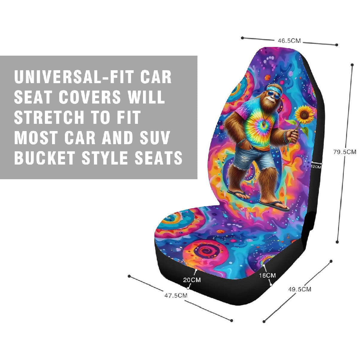 Hippie Sasquatch / Bigfoot, Car Seat Covers, Full 3 Piece Set